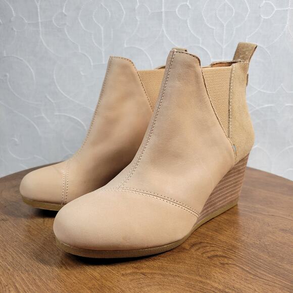 Toms Womens Kelsey Booties 6 Beige Leather Suede Round Toe Slip On Ankle Wedge - Picture 3 of 13